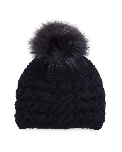 Inverni Cashmere Cable-Knit Beanie Hat w/Fur Pom Pom Navy pom beanies