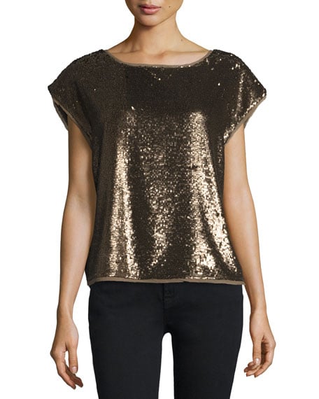 Joie Marania Sequin-Embellished Blouse Antique Brass sequin tops holiday party new year's eve