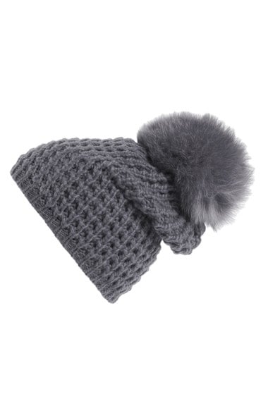 KYI KYI Genuine Fox Pompom Hat Charcoal pom beanies