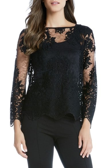 Karen Kane Embroidered Lace Flare Sleeve Top Black lace tops holiday party tops