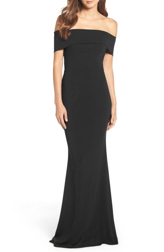 Katie May Off the Shoulder Crepe Gown Black holiday party season off the shoulder gowns