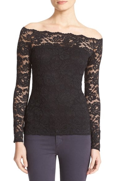L'AGENCE Heidi Lace Off The Shoulder Top Black lace tops holiday party season