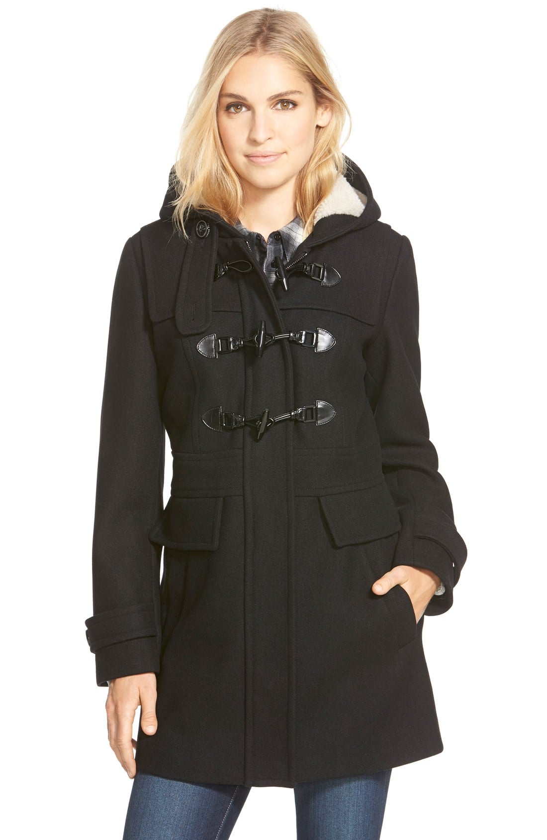 LONDON FOG Wool Blend Duffle Coat with Faux Shearling Lined Hood Black toggle coats 