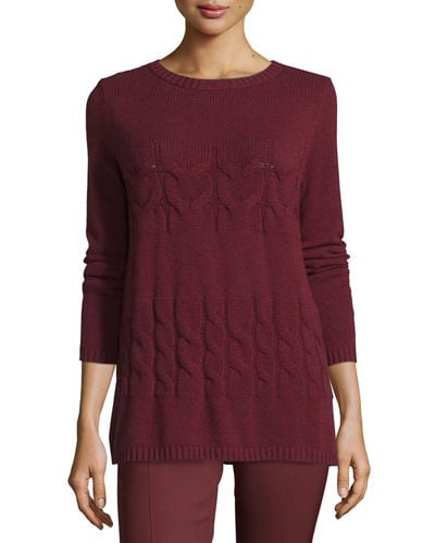 Lafayette 148 New York Cable-Knit Cashmere Crewneck Sweater Cabernet cable knit sweaters