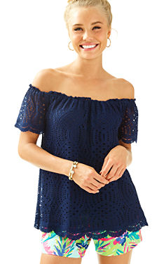 Lilly Pulitzer MARBLE OFF THE SHOULDER LACE TOP True Navy Knotty Lace lace tops holiday party season