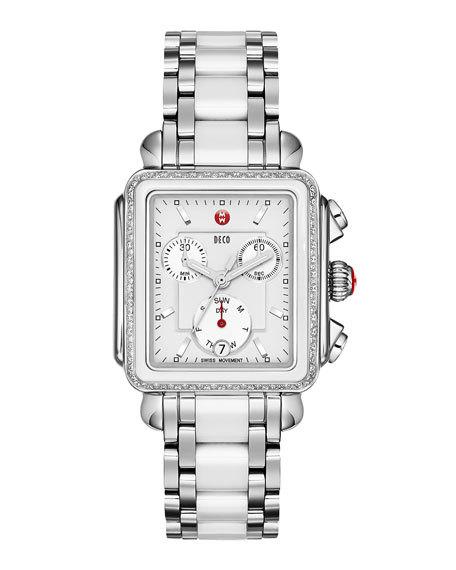 MICHELE Deco Diamond Ceramic & Steel Watch Head Silver White neiman marcus cyber monday sale