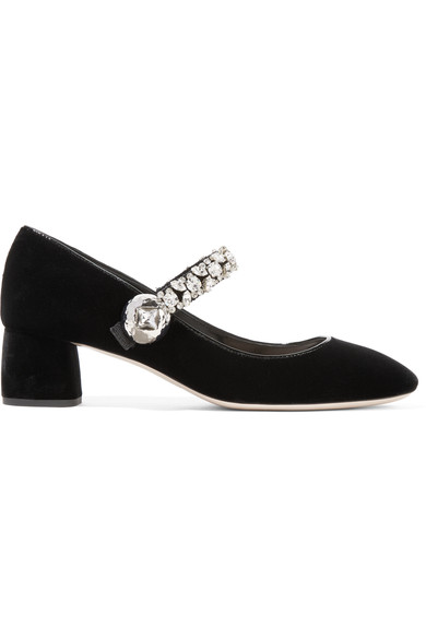 MIU MIU Crystal-embellished velvet Mary Jane pumps black velvet patent leather