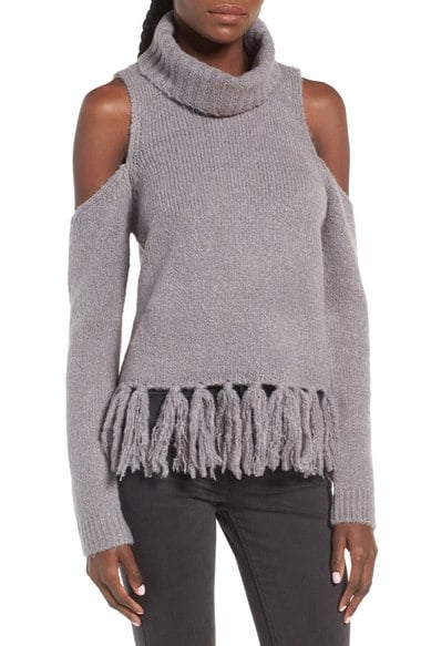 MOON RIVER Fringe Cold Shoulder Sweater Grey cold shoulder turtlenecks 