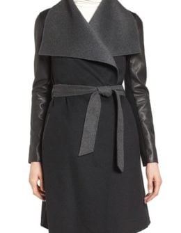 Mackage Leather Sleeve Double Face Wool Blend Wrap Coat Black Charcoal Nordstrom pre-black friday sale
