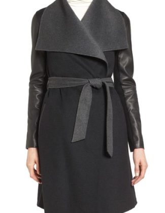 Mackage Leather Sleeve Double Face Wool Blend Wrap Coat Black Charcoal Nordstrom pre-black friday sale
