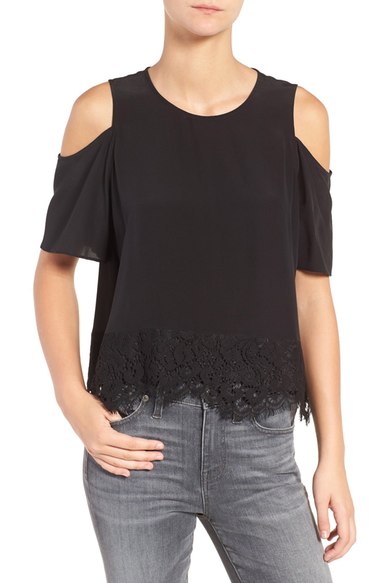 Madewell Brynn Cold Shoulder Silk Blouse Black lace tops holiday party season