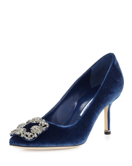 Manolo Blahnik Hangisi Crystal-Buckle Velvet 70mm Pump Blue Velvet pumps