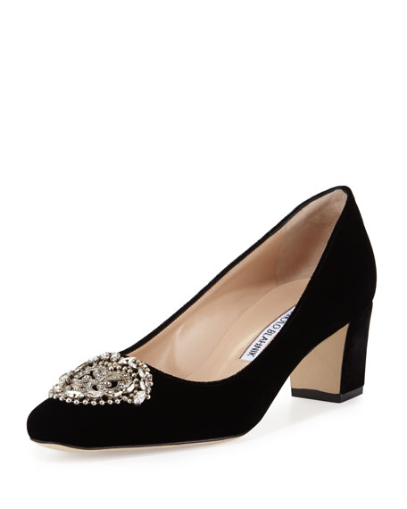 Manolo Blahnik Okkato Jeweled Velvet 50mm Pump Black velvet pumps