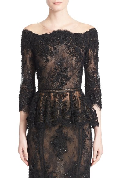 Marchesa Beaded Lace Off the Shoulder Peplum Top Black lace tops holiday party season