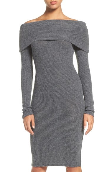 NSR Off the Shoulder Body-Con Sweater Dress Grey off the shoulder dresses holiday party season