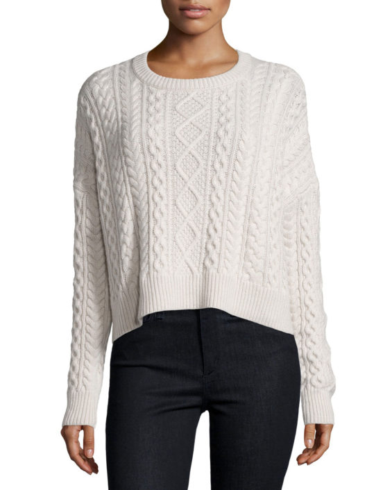 Neiman Marcus Cashmere Collection Cropped Boxy Fisherman Crewneck Sweater Linen cable knit sweaters winter