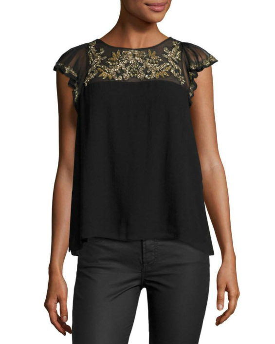 Parker Lyla Embellished Cap-Sleeve Top Black