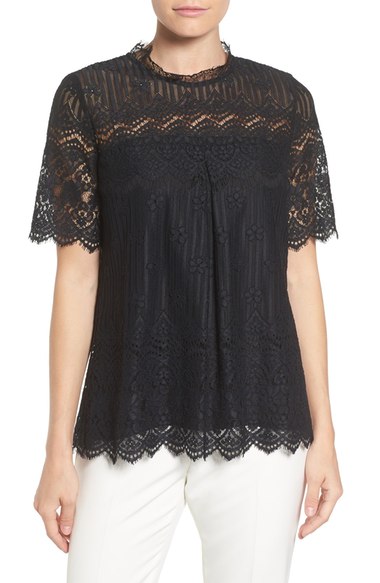 Pleione Scallop Edge Lace Top Black lace tops holiday party season