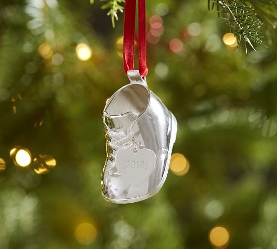 Pottery Barn 2016 DATED BABY'S FIRST CHRISTMAS BOOT ORNAMENT pottery barn holiday decorating event sale