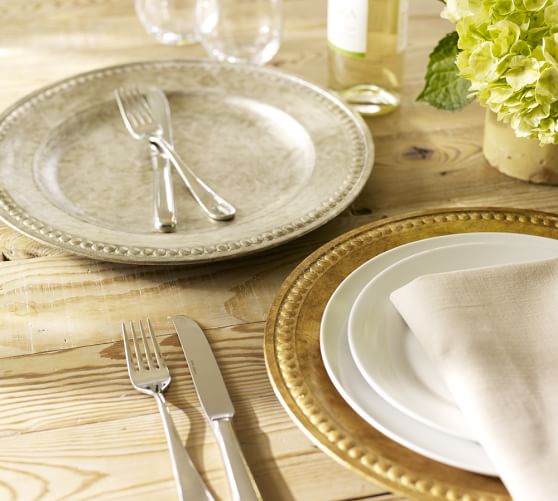 Pottery Barn BEADED GILT CHARGER Gold or Silver charger plates holiday tablescape