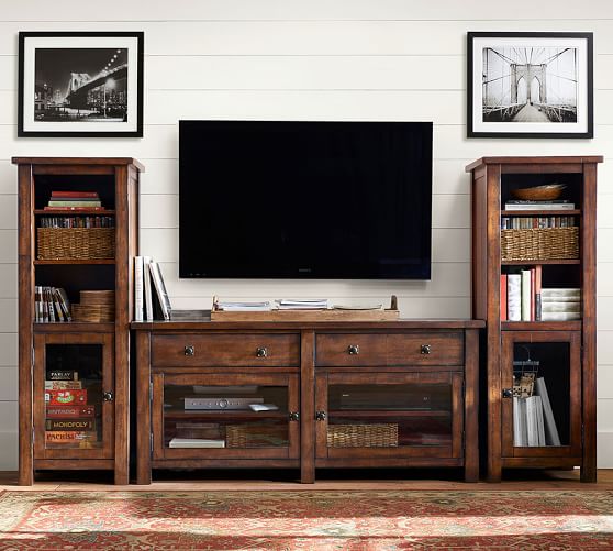Pottery Barn BENCHWRIGHT MEDIA SUITE WITH TOWERS Rustic Mahogany Finish pottery barn buy more save sale 