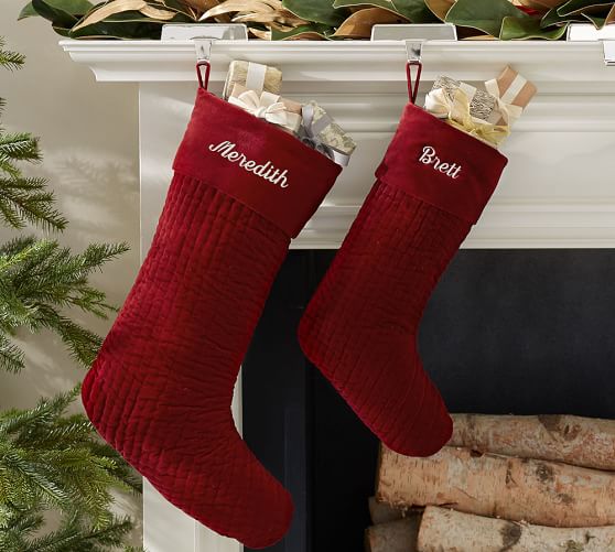 Pottery Barn CHANNEL QUILTED VELVET STOCKING - RUBY pottery barn holiday decorating event sale