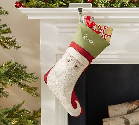 Pottery Barn CLASSIC CREWEL EMBROIDERED STOCKINGS - SANTA FACE pottery barn holiday decorating event sale