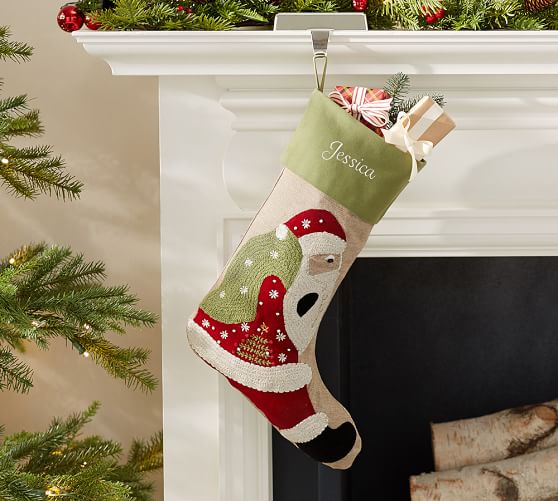 Pottery Barn CLASSIC CREWEL EMBROIDERED STOCKINGS - SANTA WITH BAG pottery barn holiday decorating event sale