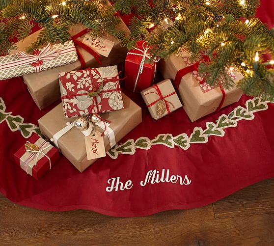 Pottery Barn CREWEL EMBROIDERED HOLLY GARLAND TREE SKIRT pottery barn holiday decorating event sale