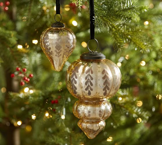Pottery Barn ETCHED MERCURY GLASS ORNAMENTS - CHAMPAGNE pottery barn holiday decorating event sale