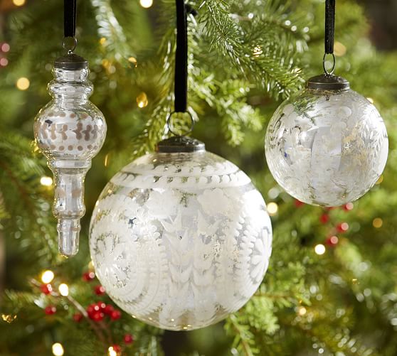 Pottery Barn ETCHED MERCURY GLASS ORNAMENTS - SILVER pottery barn buy more save more sale