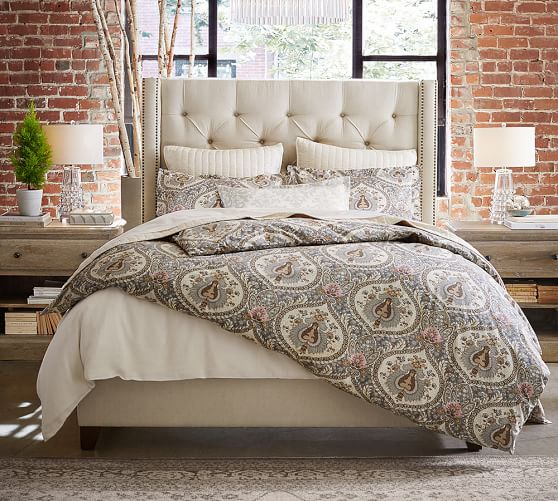 Pottery Barn HARPER UPHOLSTERED TUFTED TALL BED & HEADBOARD NAILHEAD TRIM pottery barn buy more save more sale