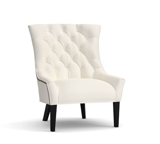 Pottery Barn HAYES UPHOLSTERED TUFTED ARMCHAIR NAILHEADS - DENIM WARM WHITE pottery barn cyber monday sale