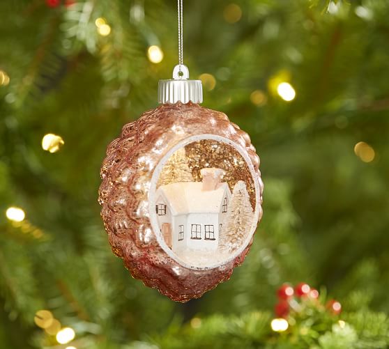 Pottery Barn LIT HOUSE SCENE IN MERCURY ORNAMENT pottery barn holiday event decorating sale