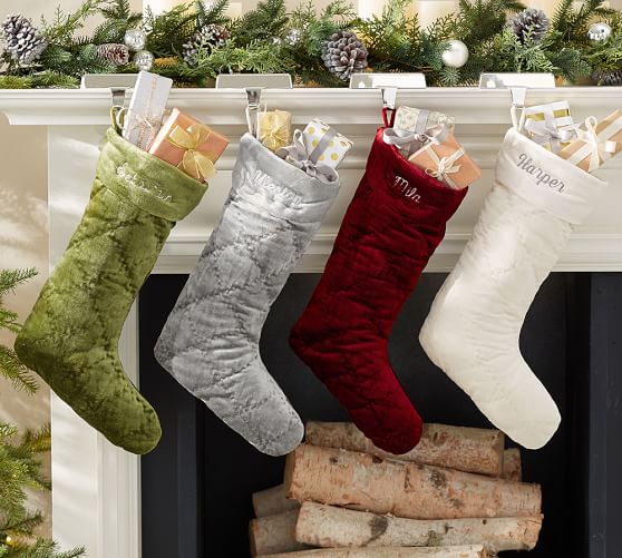Pottery Barn SHINY VELVET QUILTED STOCKINGS pottery barn holiday decorating event sale