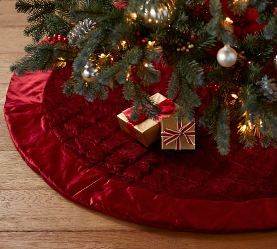 Pottery Barn SHINY VELVET QUILTED TREE SKIRT - RED pottery barn holiday decorating event sale