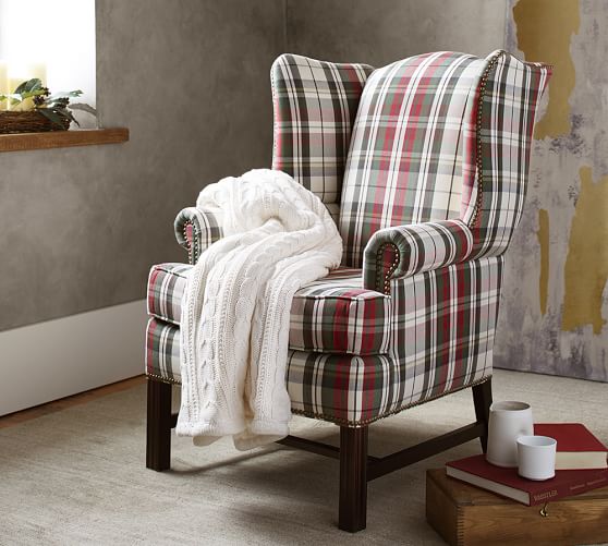 Pottery Barn THATCHER UPHOLSTERED ARMCHAIR - DENVER PLAID Red pottery barn cyber monday sale