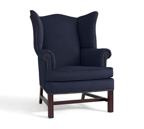Pottery Barn Thatcher Upholstered Armchair PREMIUM PERFORMANCE BASKETWEAVE, MIDNIGHT BLUE Nailhead 