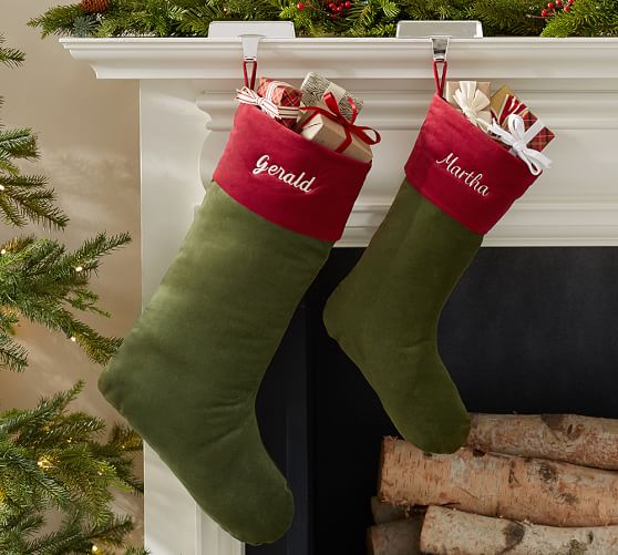 Pottery Barn VELVET STOCKING - GREEN WITH RED CUFF pottery barn cyber monday sale