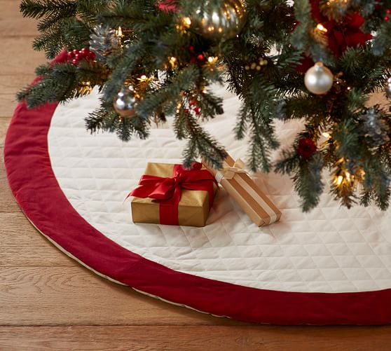 Pottery Barn VELVET TREE SKIRT - IVORY WITH RED CUFF pottery barn holiday decorating event sale