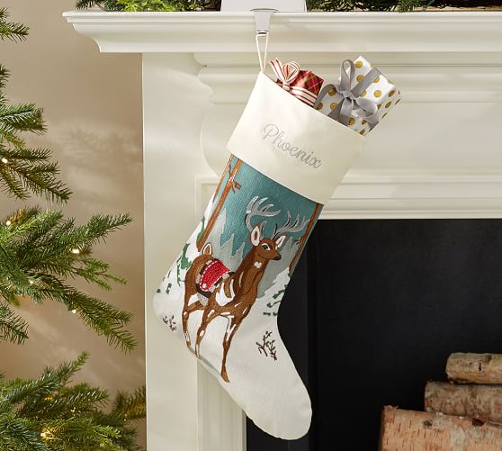 Pottery Barn WHIMSICAL CREWEL EMBROIDERED STOCKING - FOREST DEER pottery barn holiday decorating event sale