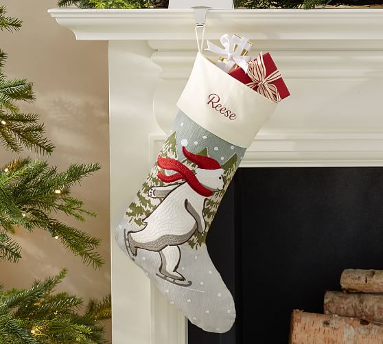 Pottery Barn WHIMSICAL CREWEL EMBROIDERED STOCKING - ICE SKATING POLAR BEAR pottery barn holiday decorating event sale