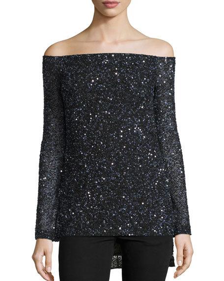 Rachel Gilbert Sequined Off-the-Shoulder Top Black sequin tops holiday party season new year's eve