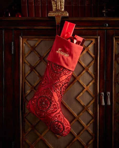 Red Medallion Beaded Christmas Stocking Crimson Horchow holiday decorating sale