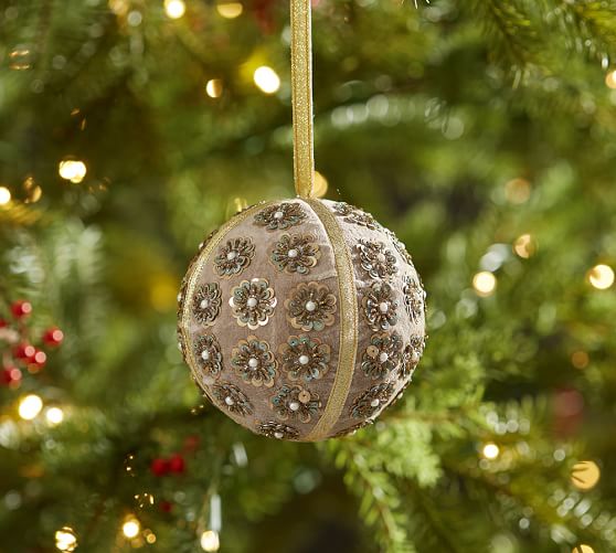 SABYASACHI ORNAMENT - GREEN EMBROIDERED BALL Pottery Barn holiday decorating event sale