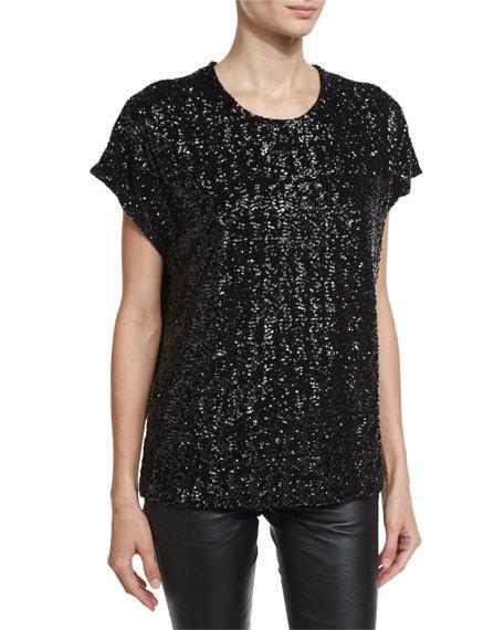 Saint Laurent Sequined Loose-Fit Tee Black sequin tops holiday party season new year's eve