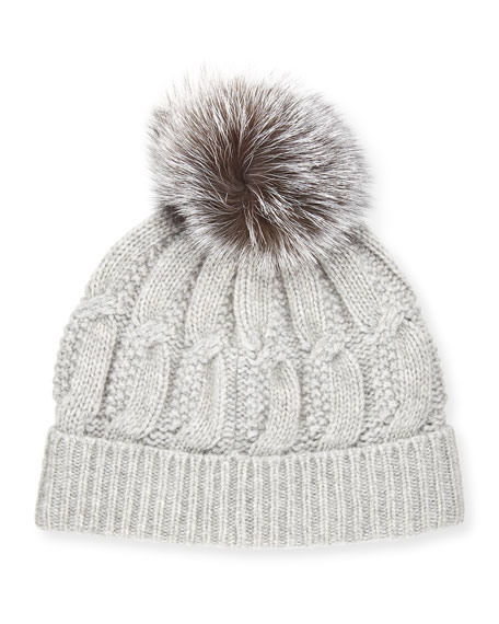 Sofia Cashmere Cable-Knit Cashmere Fur-Pom Beanie Hat Gray pom beanies