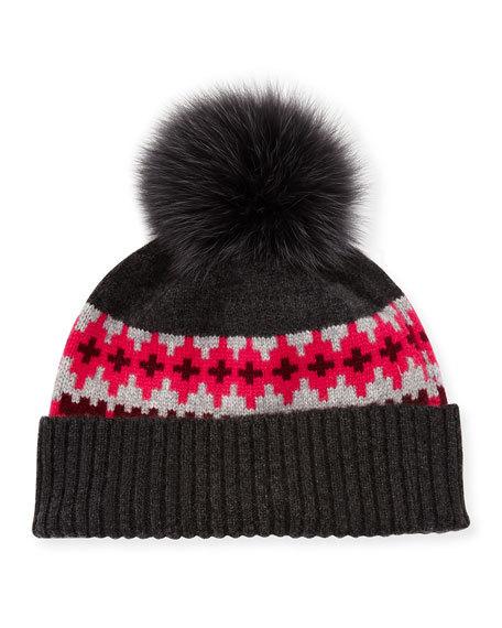 Sofia Cashmere Fair Isle Cashmere Fur-Pom Beanie Hat Rose pom beanies