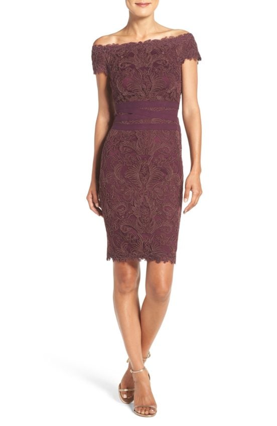 Tadashi Shoji Embroidered Off the Shoulder Mesh Sheath Dress Blackberry off the shoulder dresses holiday party season