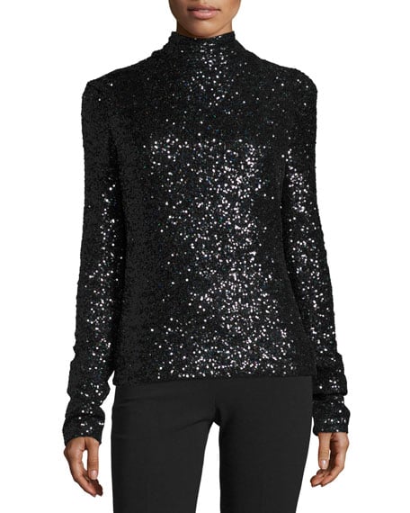 Talbot Runhof Ladina Sequined Turtleneck Top Black sequin tops holiday party season new year's eve